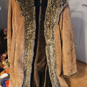 Marvin Richards EUC Brown Leather Suede Coat with Luxurious Faux Fur Trim